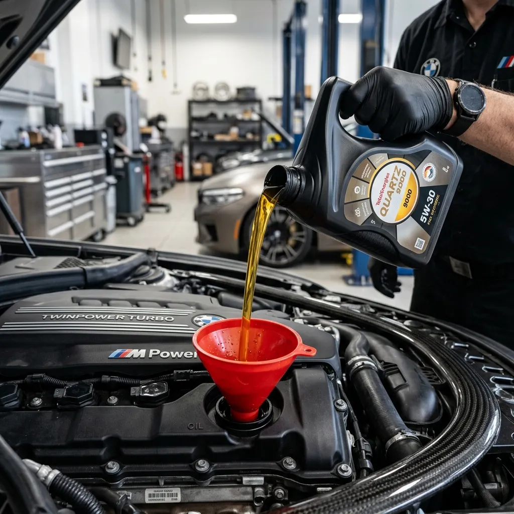 Technician pouring new synthetic oil